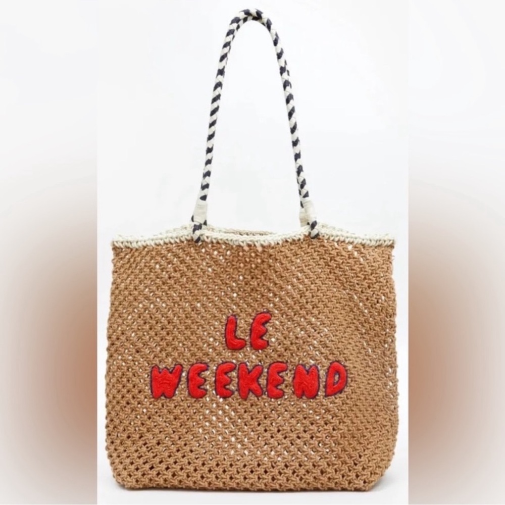 Clare V Tan and Red Woven Tote Bag